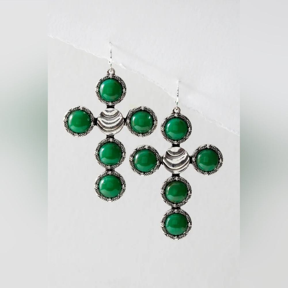 NWT Free People Time Is On My Side Dangles Cross Green Silver